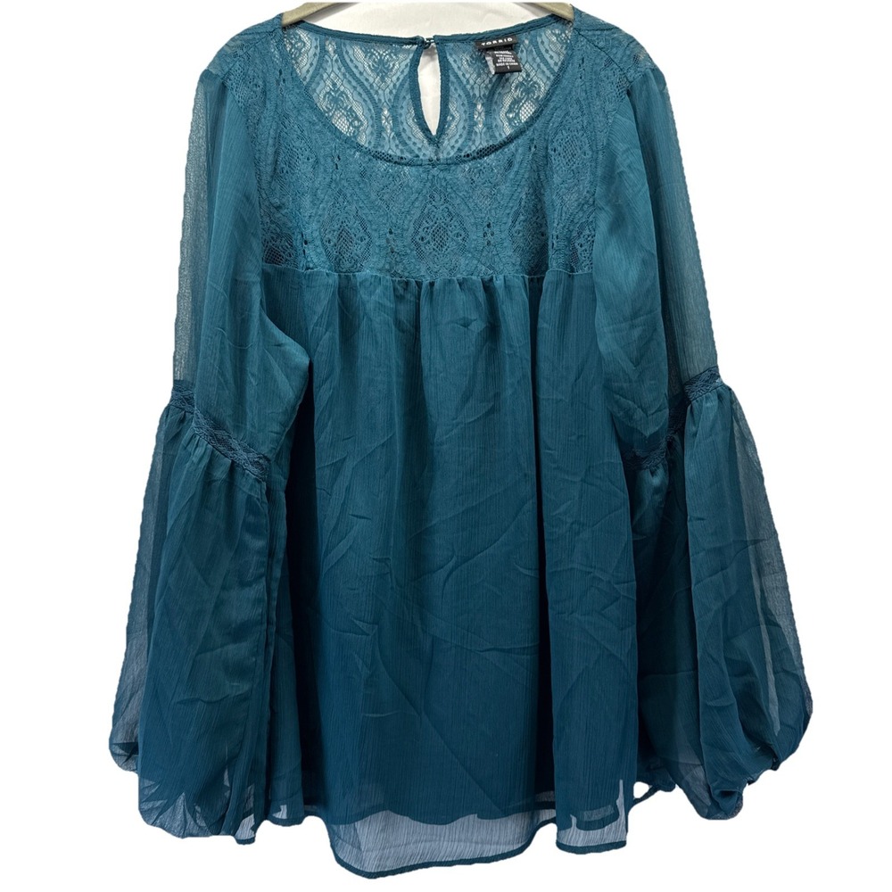 Torrid Women's Top‎ Size 1X Solid Teal Blue Layered Puff Sleeves Lace Bohemian